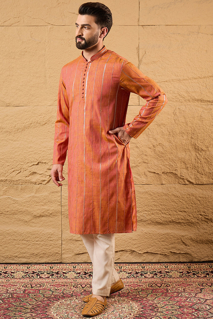 Orange Pure Cotton Solid Embroidered Straight Kurta with Trouser MKSET1196