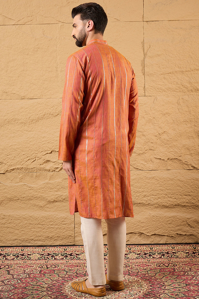 Orange Pure Cotton Solid Embroidered Straight Kurta with Trouser MKSET1196
