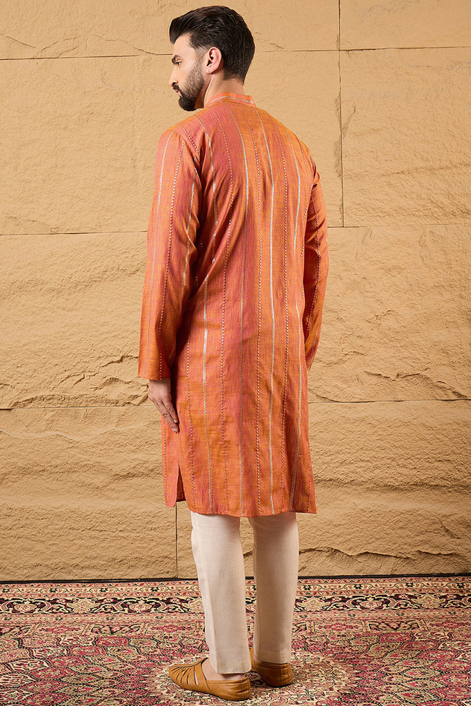 Orange Pure Cotton Solid Embroidered Straight Kurta with Trouser MKSET1196