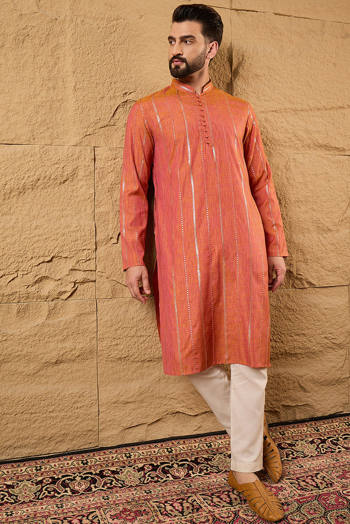 Orange Pure Cotton Solid Embroidered Straight Kurta with Trouser MKSET1196