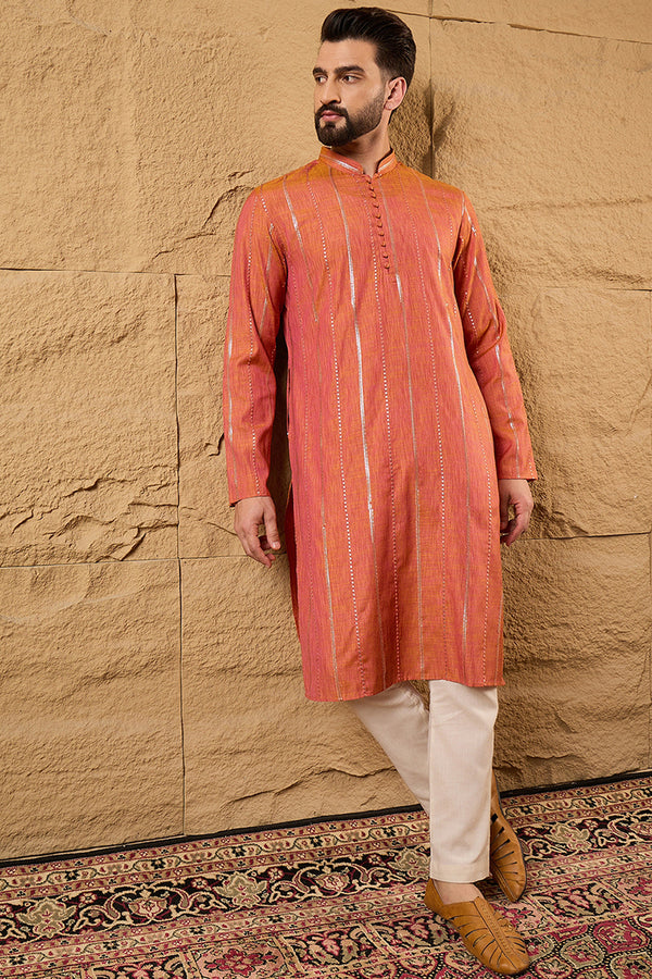 Orange Pure Cotton Solid Embroidered Straight Kurta with Trouser MKSET1196