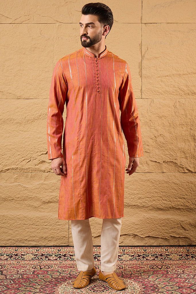Orange Pure Cotton Solid Embroidered Straight Kurta with Trouser MKSET1196