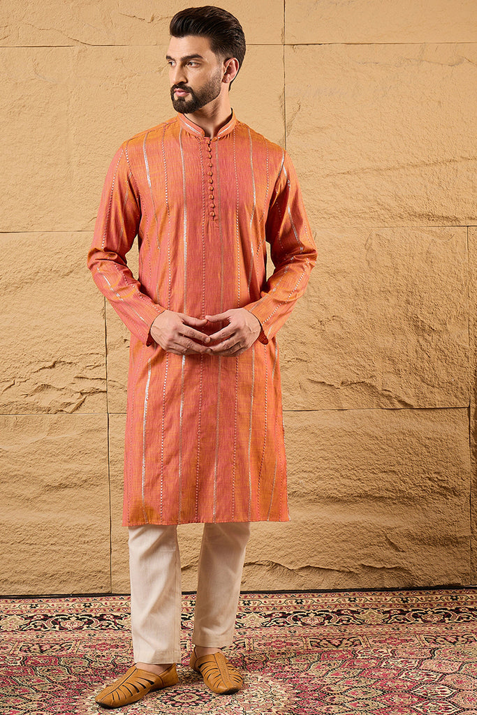Orange Pure Cotton Solid Embroidered Straight Kurta with Trouser MKSET1196