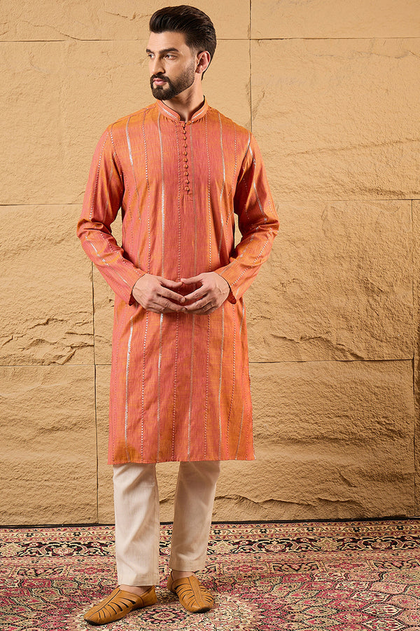 Orange Pure Cotton Solid Embroidered Straight Kurta with Trouser MKSET1196