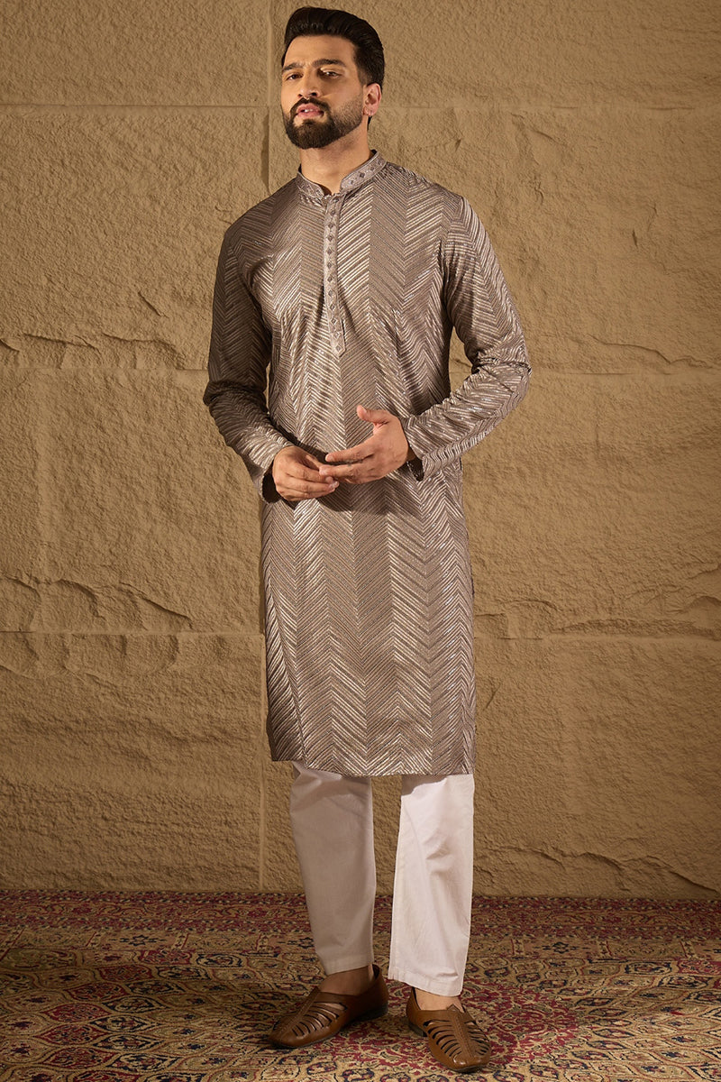 Grey Viscose Rayon Solid Embroidered Straight Kurta with Trousers MKSET1202