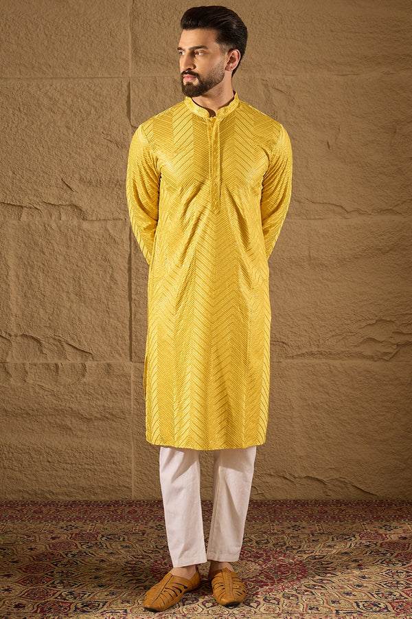 Yellow Viscose Rayon Solid Embroidered Straight Kurta with Trouser MKSET1204