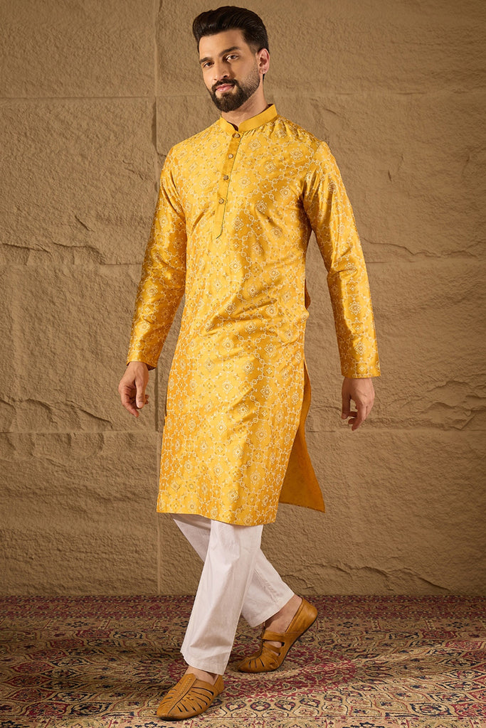 Yellow Pure Silk Geometric Printed Straight Kurta with Trousers MKSET1276