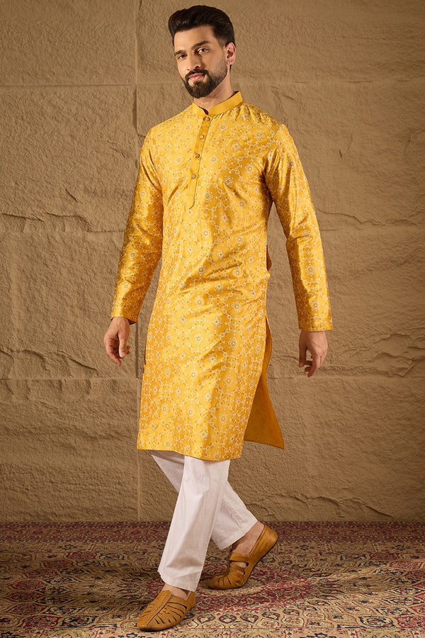 Yellow Pure Silk Geometric Printed Straight Kurta with Trousers MKSET1276