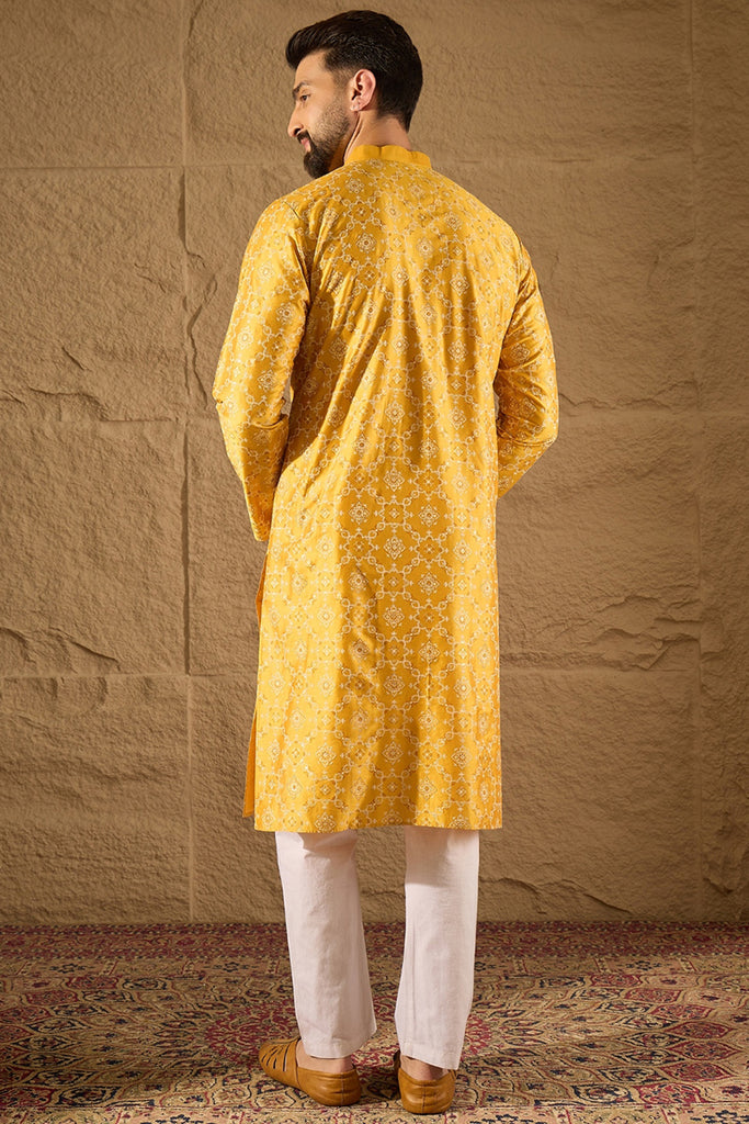 Yellow Pure Silk Geometric Printed Straight Kurta with Trousers MKSET1276