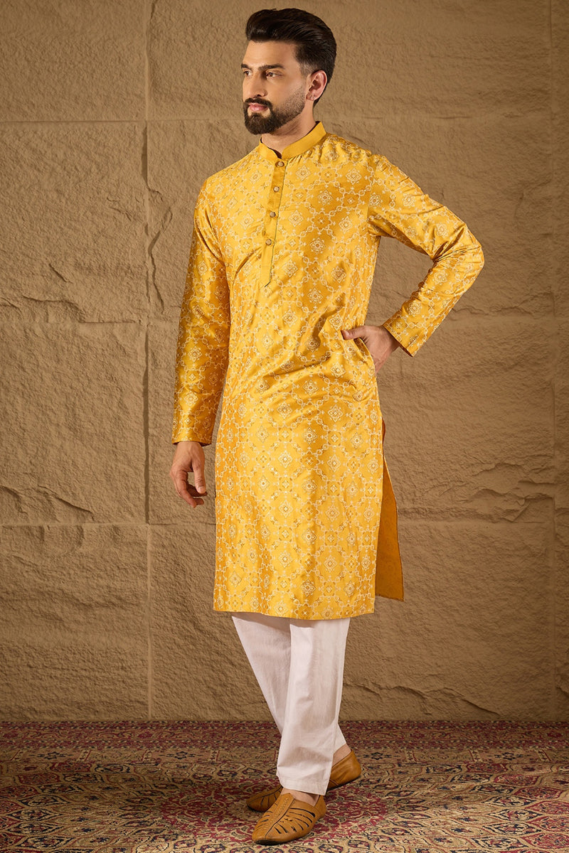Yellow Pure Silk Geometric Printed Straight Kurta with Trousers MKSET1276
