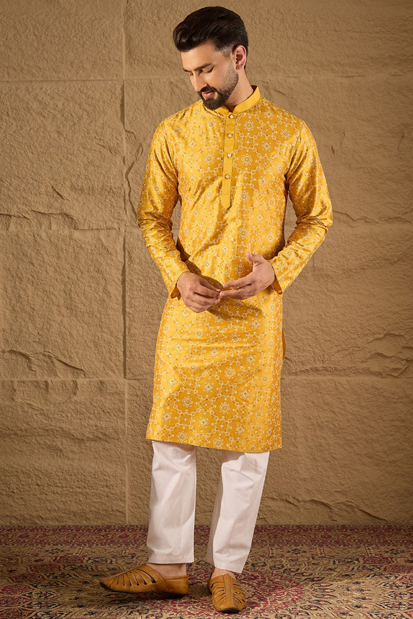 Yellow Pure Silk Geometric Printed Straight Kurta with Trousers MKSET1276