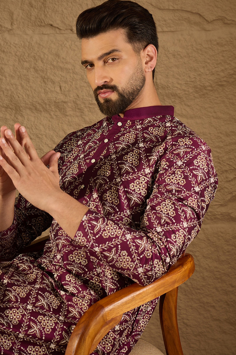 Purple Pure Silk Floral Printed Straight Kurta with Trouser MKSET1279