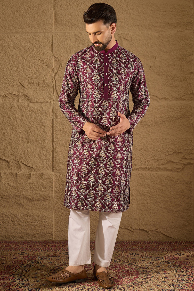 Purple Pure Silk Floral Printed Straight Kurta with Trouser MKSET1279
