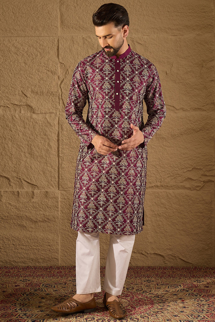Purple Pure Silk Floral Printed Straight Kurta with Trouser MKSET1279