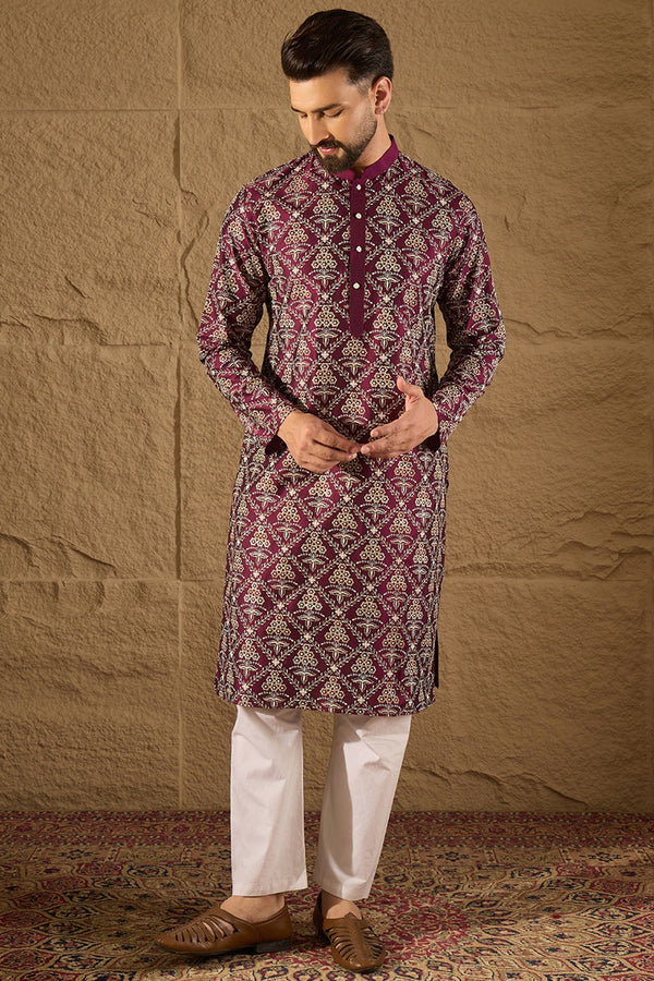 Purple Pure Silk Floral Printed Straight Kurta with Trouser MKSET1279