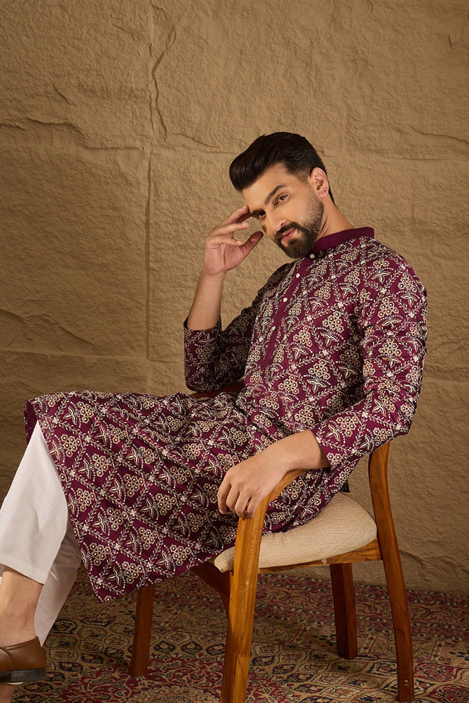 Purple Pure Silk Floral Printed Straight Kurta with Trouser MKSET1279