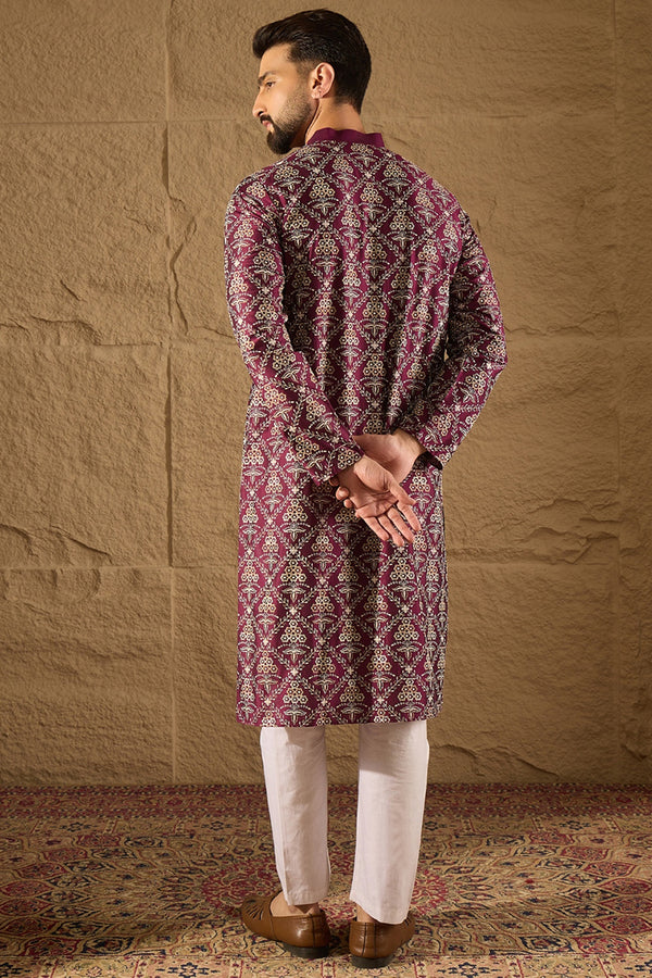 Purple Pure Silk Floral Printed Straight Kurta with Trouser MKSET1279