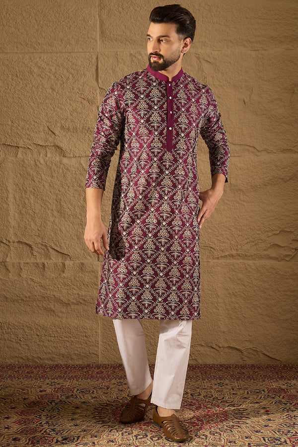 Purple Pure Silk Floral Printed Straight Kurta with Trouser MKSET1279