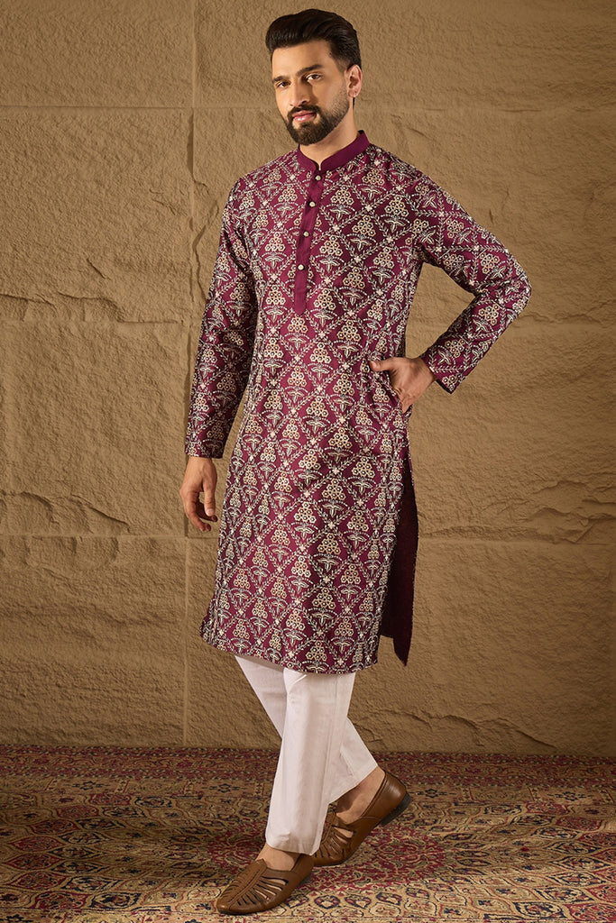 Purple Pure Silk Floral Printed Straight Kurta with Trouser MKSET1279