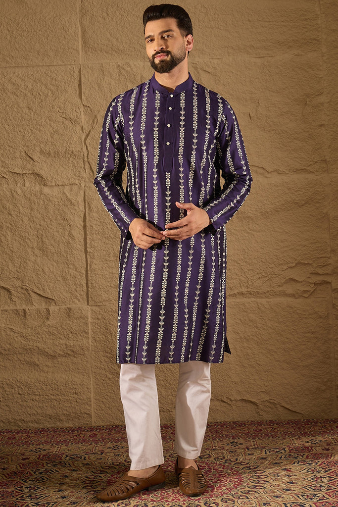 Purple Viscose Rayon Ethnic Motifs Printed Straight Kurta with Trousers MKSET1280