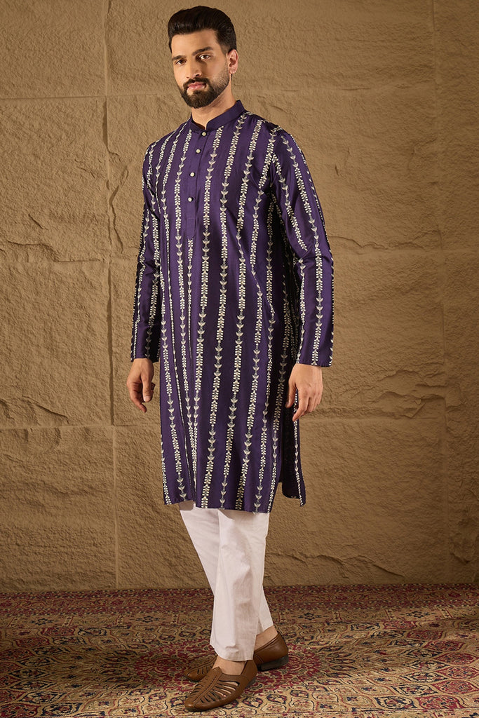 Purple Viscose Rayon Ethnic Motifs Printed Straight Kurta with Trousers MKSET1280
