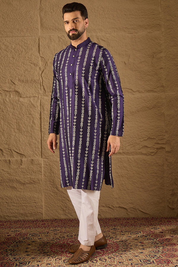 Purple Viscose Rayon Ethnic Motifs Printed Straight Kurta with Trousers MKSET1280