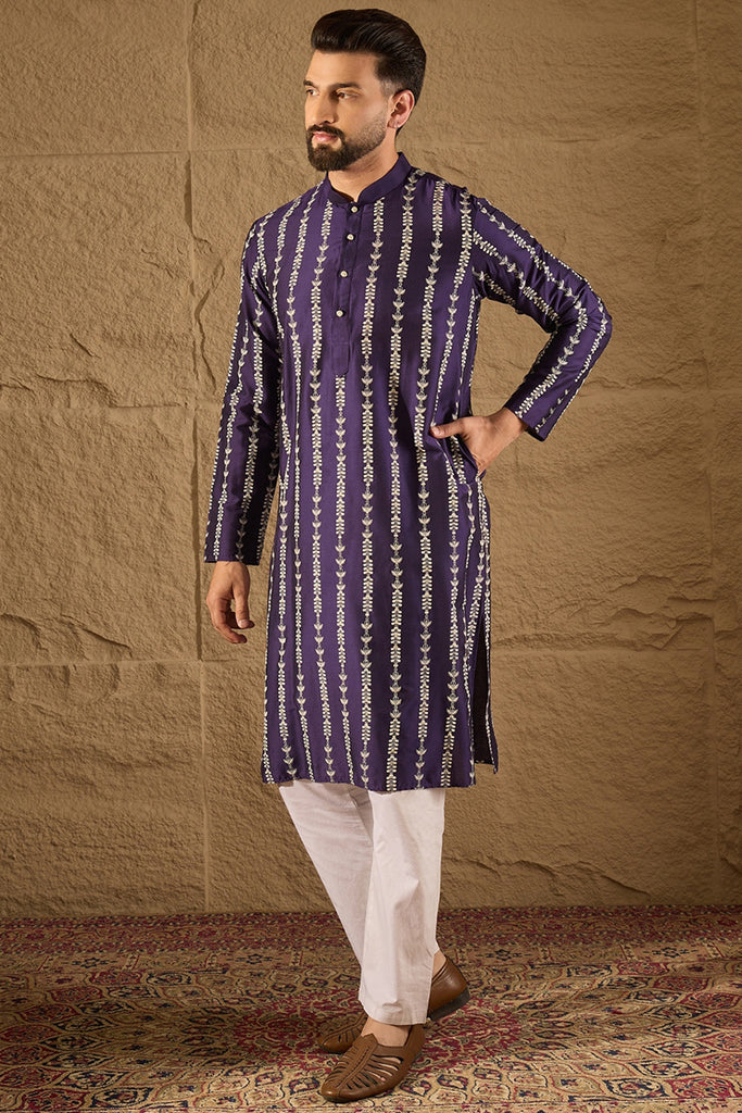 Purple Viscose Rayon Ethnic Motifs Printed Straight Kurta with Trousers MKSET1280