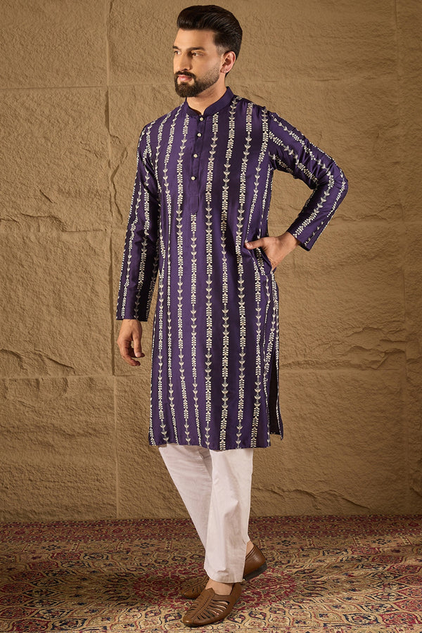 Purple Viscose Rayon Ethnic Motifs Printed Straight Kurta with Trousers MKSET1280