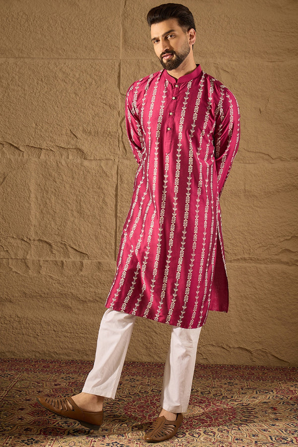 Pink Pure Silk Ethnic Motifs Printed Straight Kurta with Trousers MKSET1283