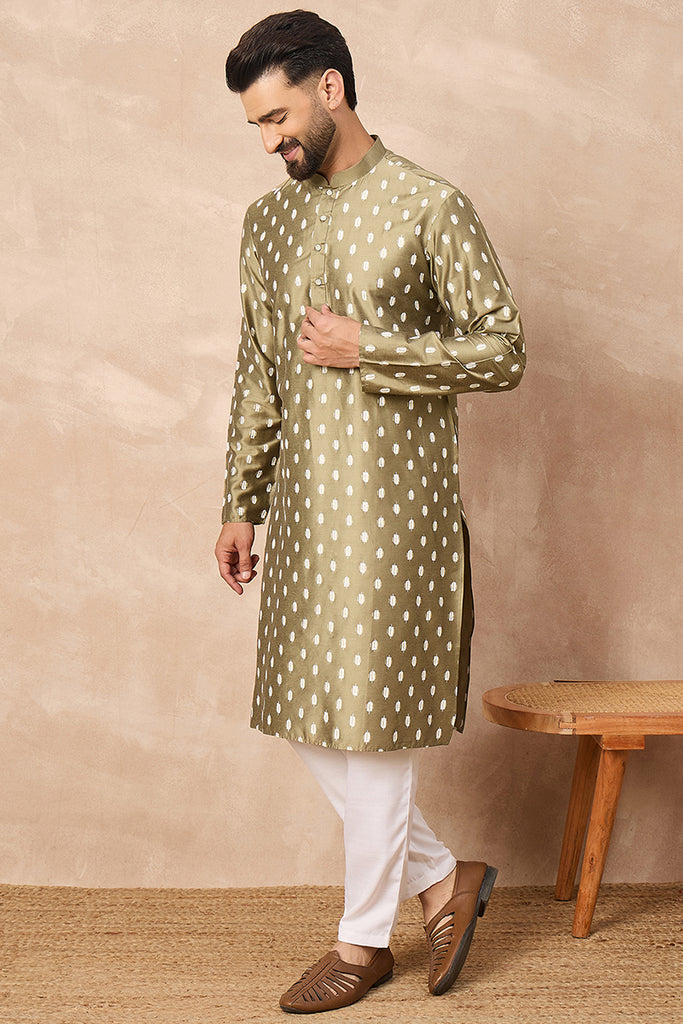 Olive Pure Silk Abstract Printed Straight Kurta with Trousers MKSET1284