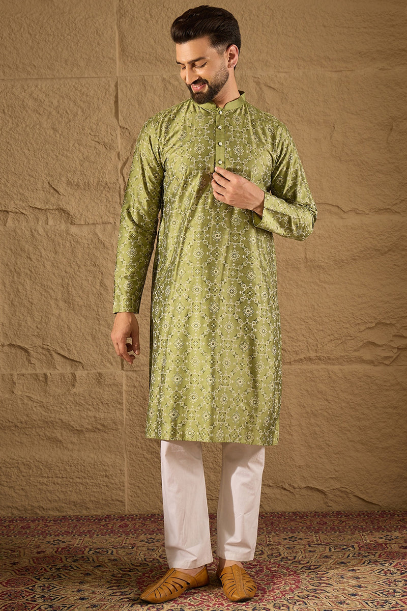Green Pure Silk Geometric Printed Straight Kurta with Trouser MKSET1285