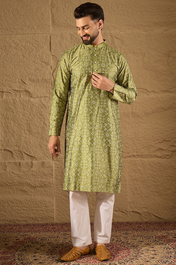 Green Pure Silk Geometric Printed Straight Kurta with Trouser MKSET1285