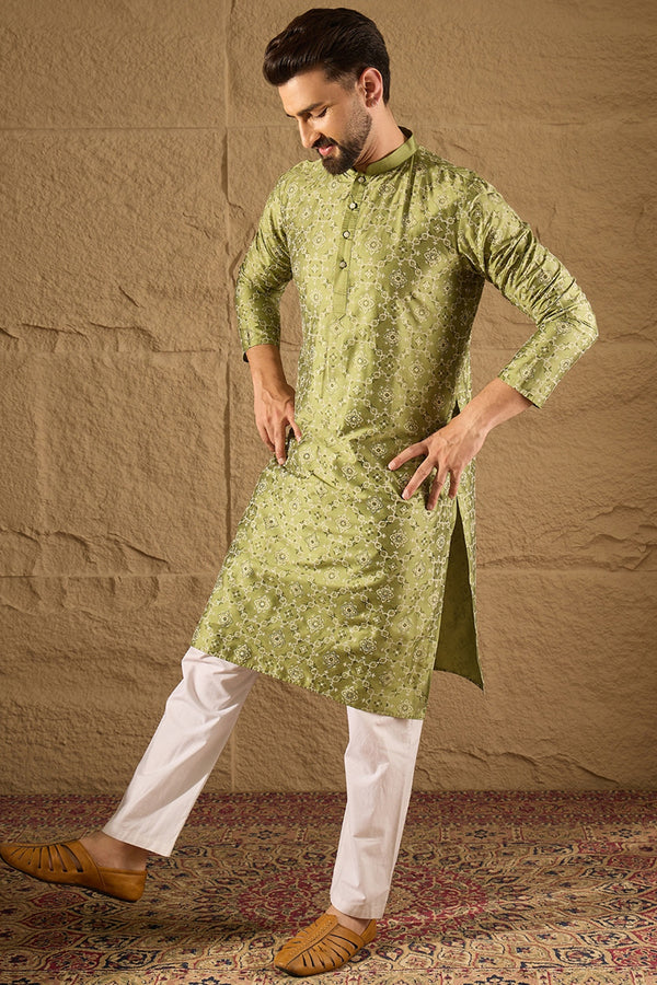 Green Pure Silk Geometric Printed Straight Kurta with Trouser MKSET1285