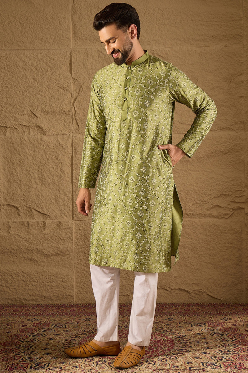Green Pure Silk Geometric Printed Straight Kurta with Trouser MKSET1285