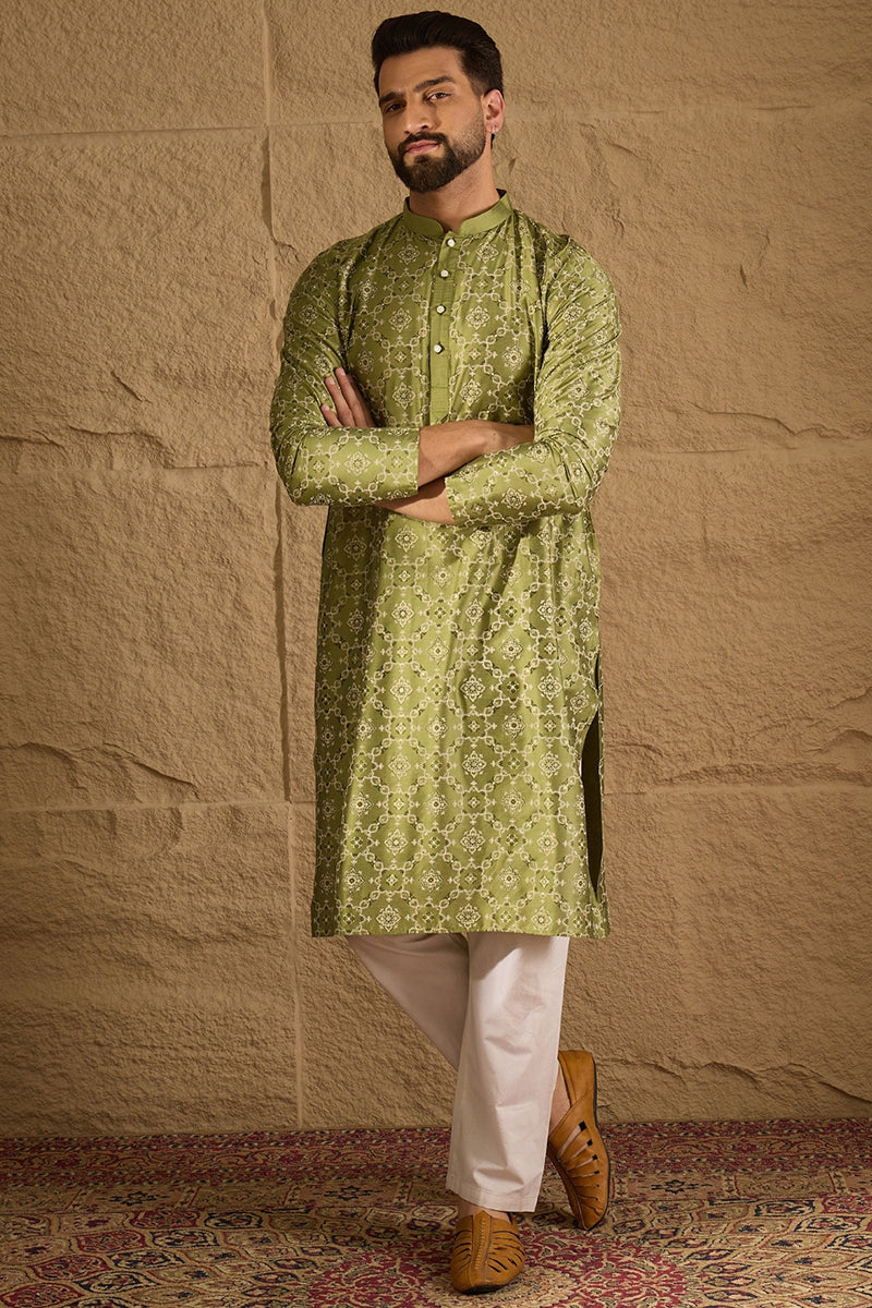 Green Pure Silk Geometric Printed Straight Kurta with Trouser MKSET1285