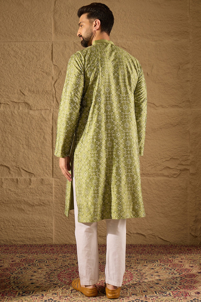 Green Pure Silk Geometric Printed Straight Kurta with Trouser MKSET1285