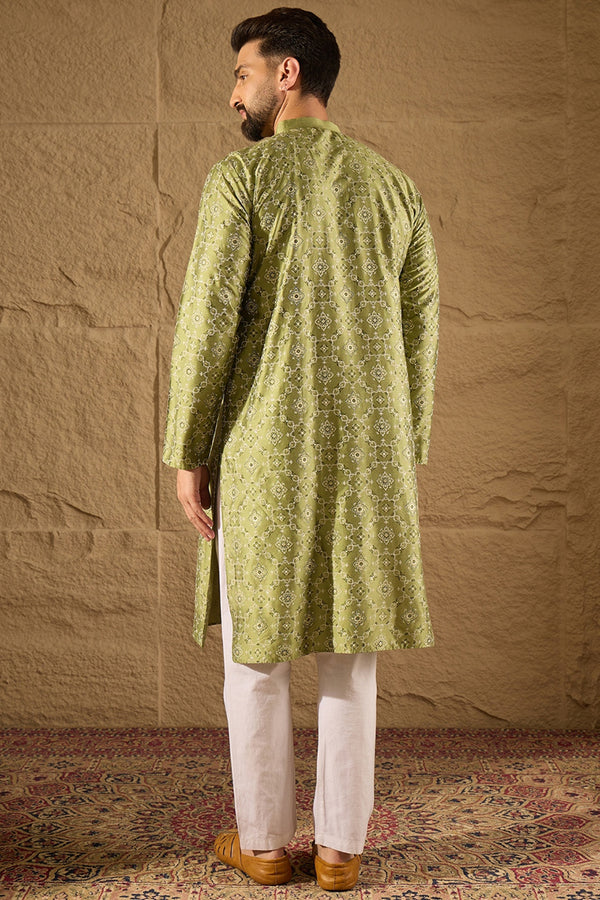 Green Pure Silk Geometric Printed Straight Kurta with Trouser MKSET1285