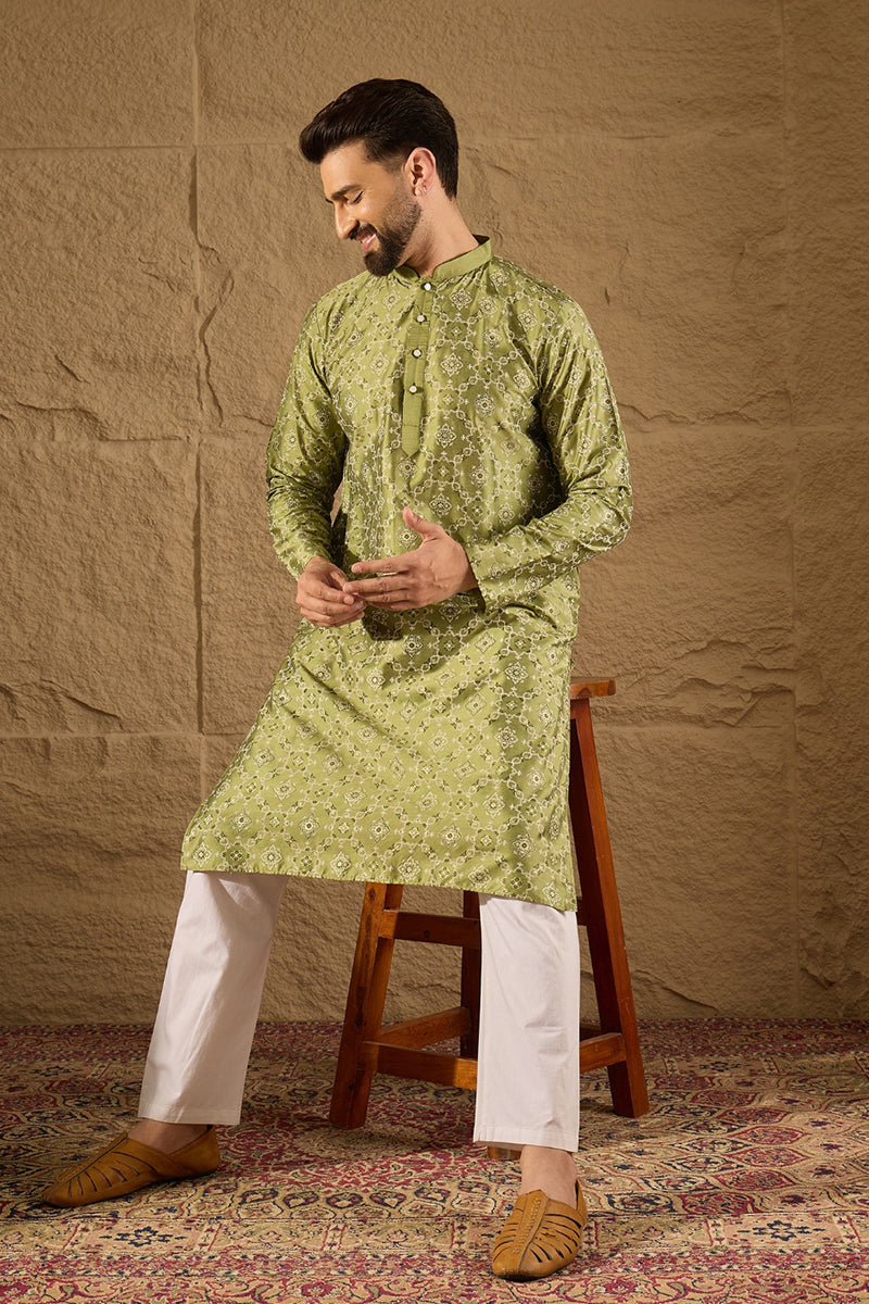 Green Pure Silk Geometric Printed Straight Kurta with Trouser MKSET1285