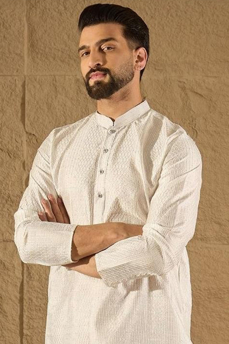 White Silk Blend Solid Embroidered Straight Kurta with Trouser MKSET1286