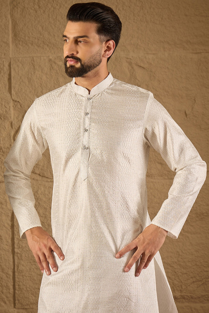 White Silk Blend Solid Embroidered Straight Kurta with Trouser MKSET1286