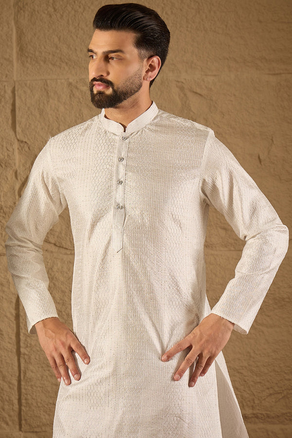 White Silk Blend Solid Embroidered Straight Kurta with Trouser MKSET1286