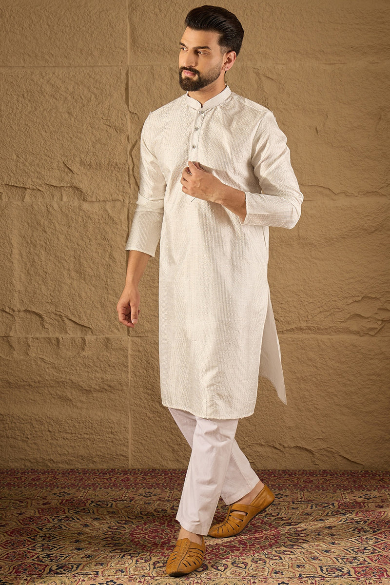 White Silk Blend Solid Embroidered Straight Kurta with Trouser MKSET1286