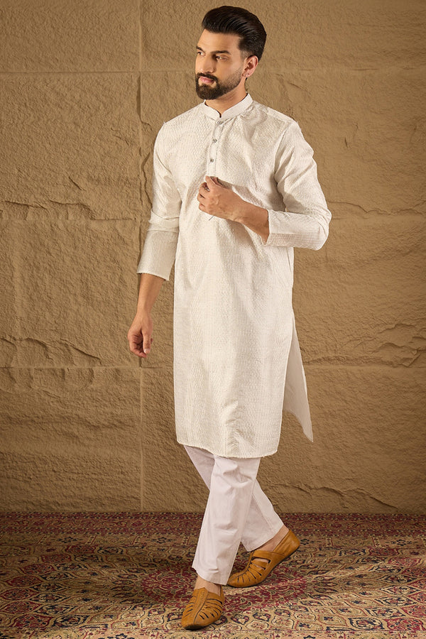 White Silk Blend Solid Embroidered Straight Kurta with Trouser MKSET1286