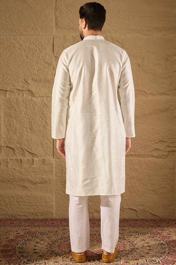White Silk Blend Solid Embroidered Straight Kurta with Trouser MKSET1286