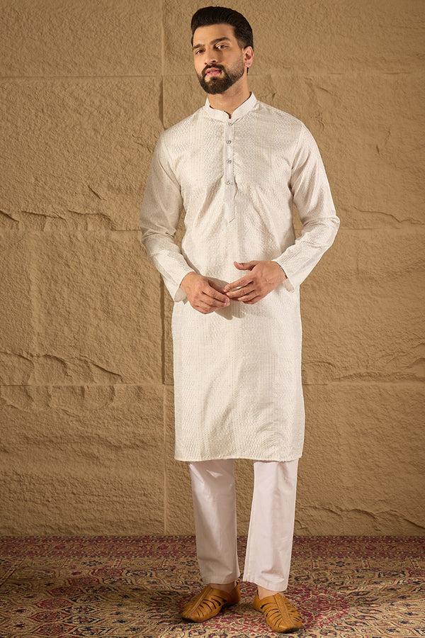 White Silk Blend Solid Embroidered Straight Kurta with Trouser MKSET1286