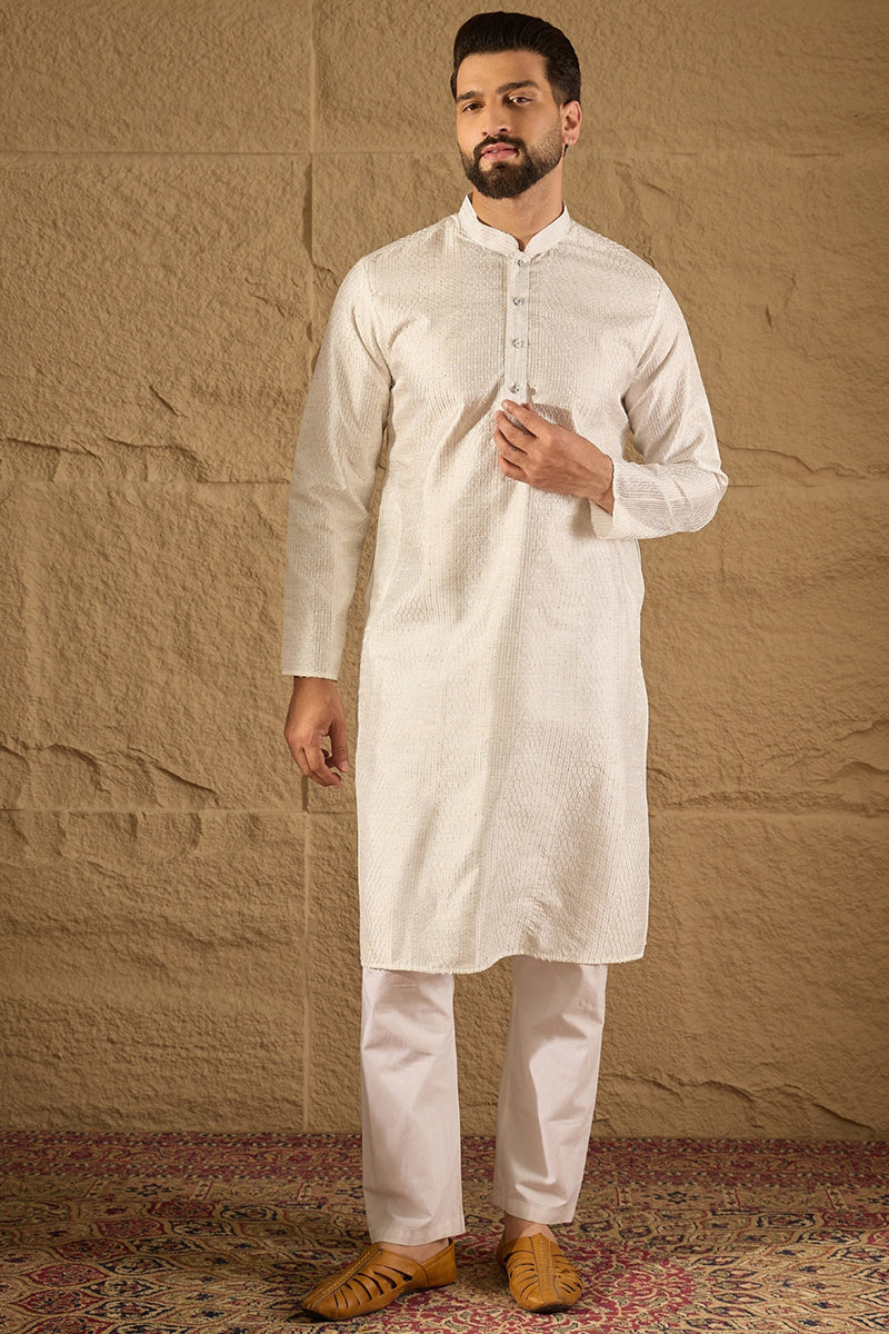 White Silk Blend Solid Embroidered Straight Kurta with Trouser MKSET1286
