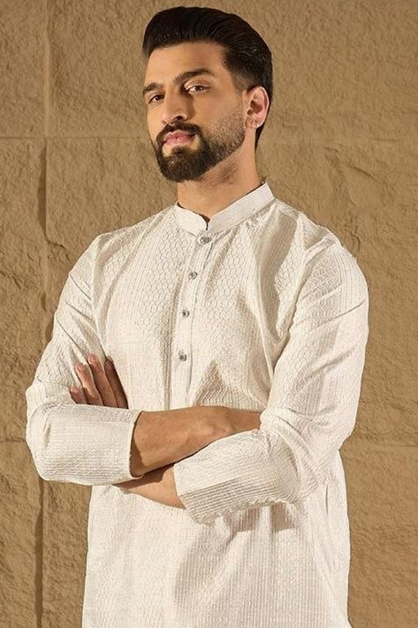 White Silk Blend Solid Embroidered Straight Kurta with Trouser MKSET1286