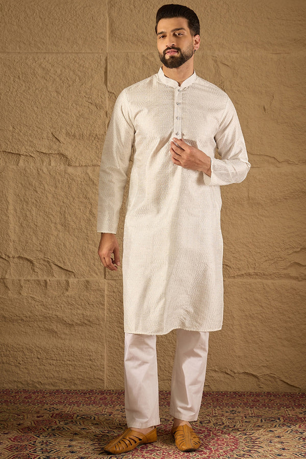 White Silk Blend Solid Embroidered Straight Kurta with Trouser MKSET1286