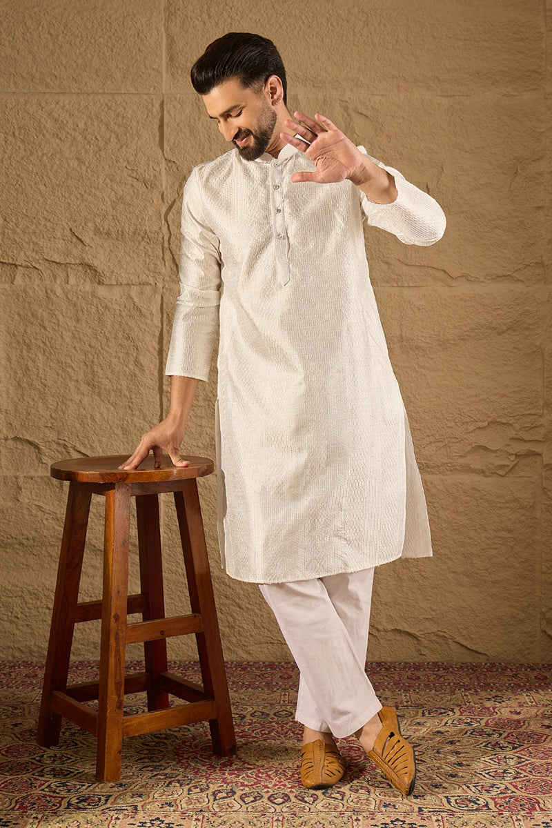 White Silk Blend Solid Embroidered Straight Kurta with Trouser MKSET1286