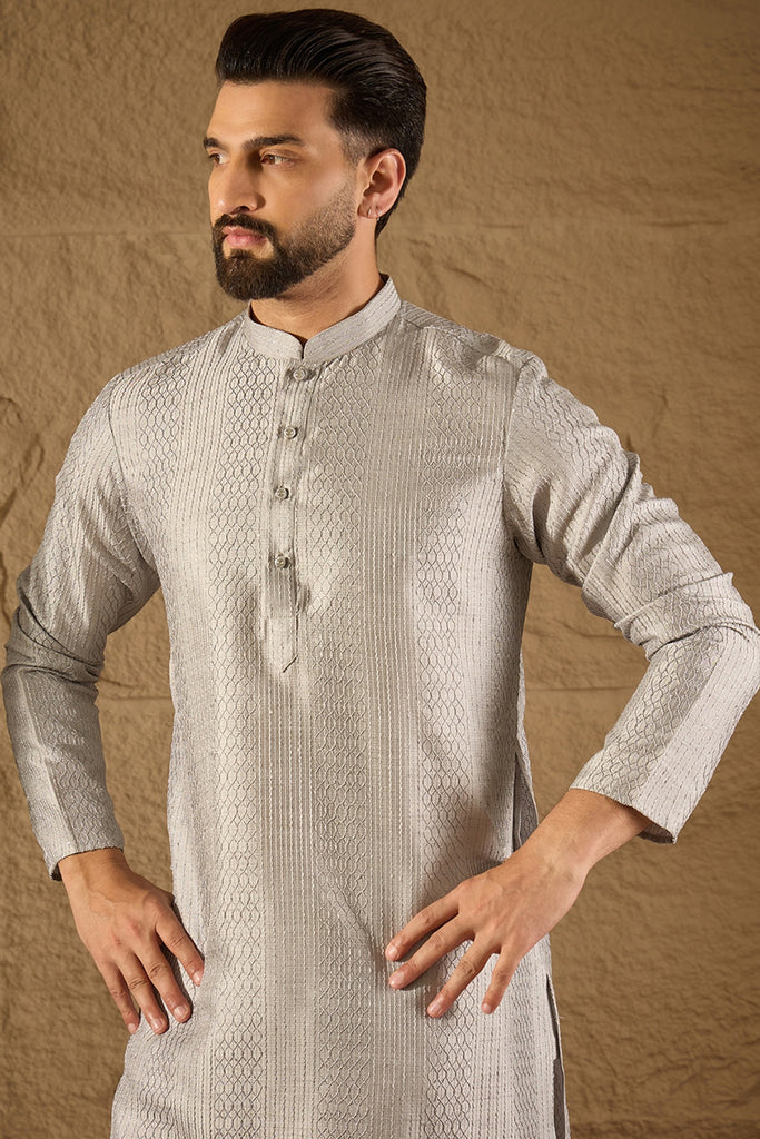 Grey Silk Blend Solid Embroidered Straight Kurta with Trouser MKSET1289